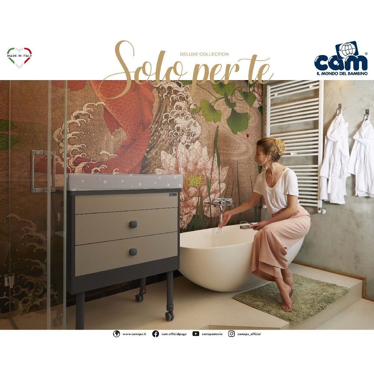 CAM GROWI 2 IN 1 Baby bath changing station with cabinet - GRAY from 0 to 11 kg as a baby bath and changing station up to 14 years of age as a couch and table - Made in Italy with table and chair. 