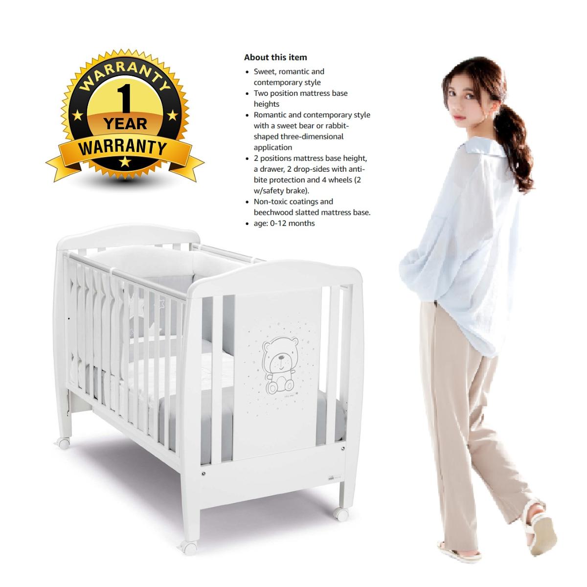 CAM WHITE CRIB - TEDDY GREY -  two position mattress base heights, from 0 to 36 months, drawer, Four castors, two of which have a safety brake, playard, baby bed, playpen, High Quality made in Italy