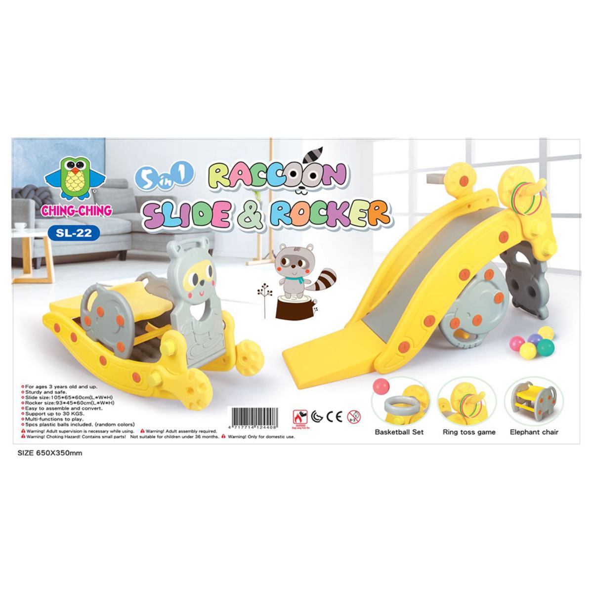 Ching Ching - 5-in-1 Raccoon Slide & Rocker - Yellow