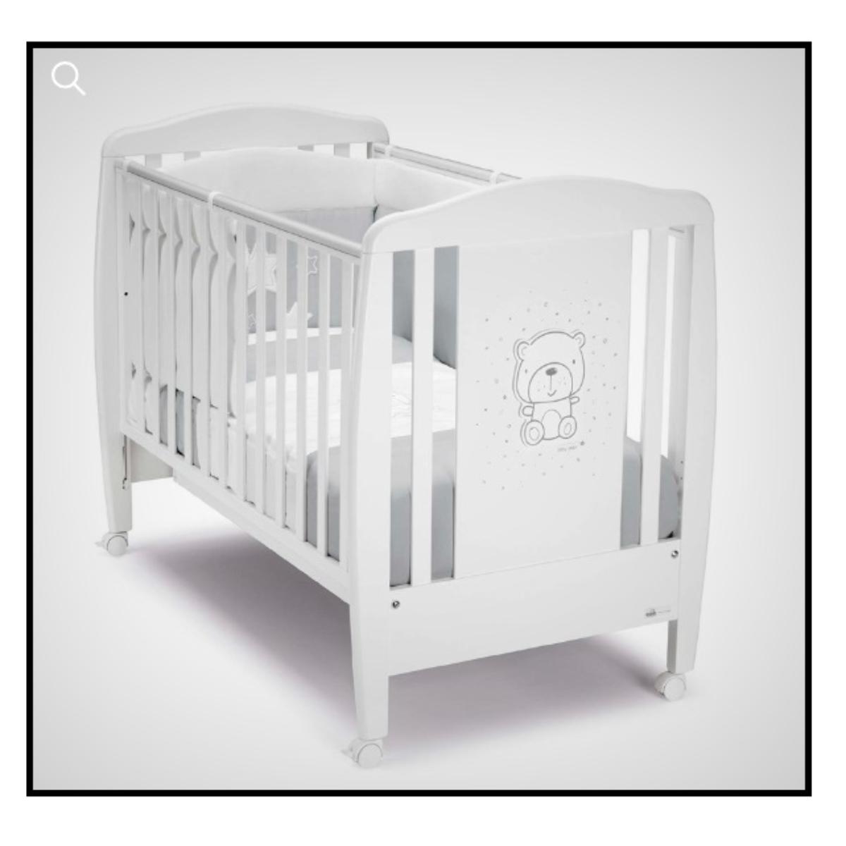 CAM WHITE CRIB - TEDDY GREY -  two position mattress base heights, from 0 to 36 months, drawer, Four castors, two of which have a safety brake, playard, baby bed, playpen, High Quality made in Italy