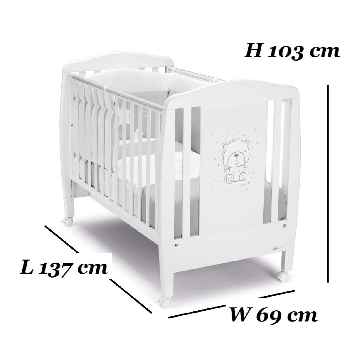 CAM WHITE CRIB - TEDDY GREY -  two position mattress base heights, from 0 to 36 months, drawer, Four castors, two of which have a safety brake, playard, baby bed, playpen, High Quality made in Italy