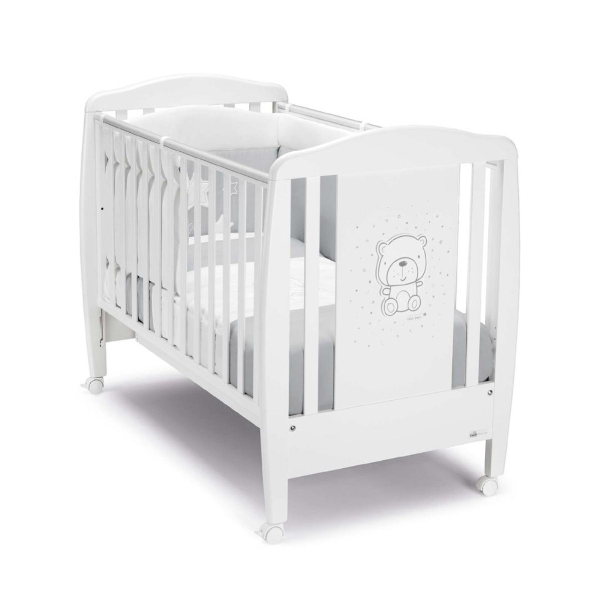 CAM WHITE CRIB - TEDDY GREY -  two position mattress base heights, from 0 to 36 months, drawer, Four castors, two of which have a safety brake, playard, baby bed, playpen, High Quality made in Italy