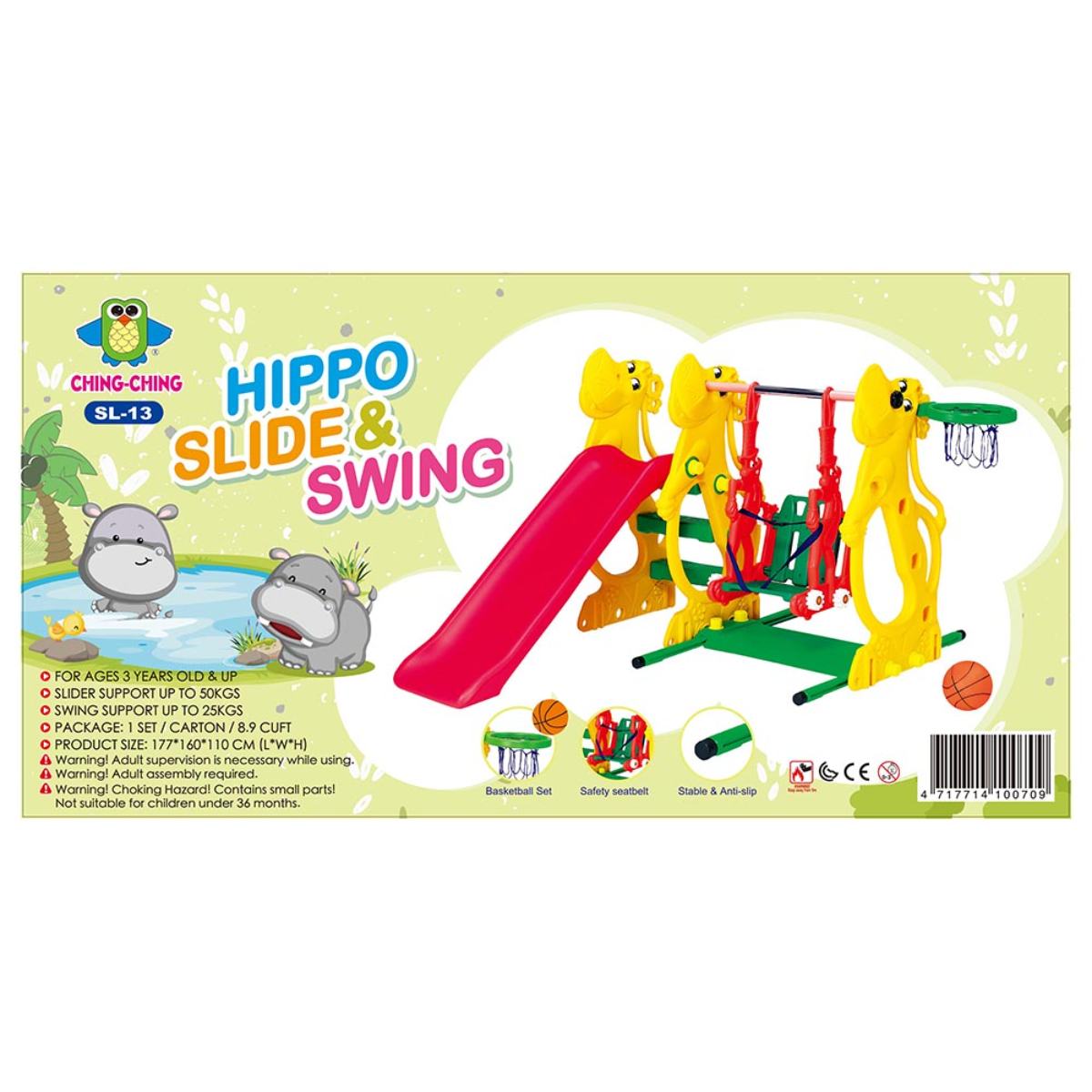 Ching Ching Hippo Slide & Swing with 137cm Slider & Rabbit - Pack of 1