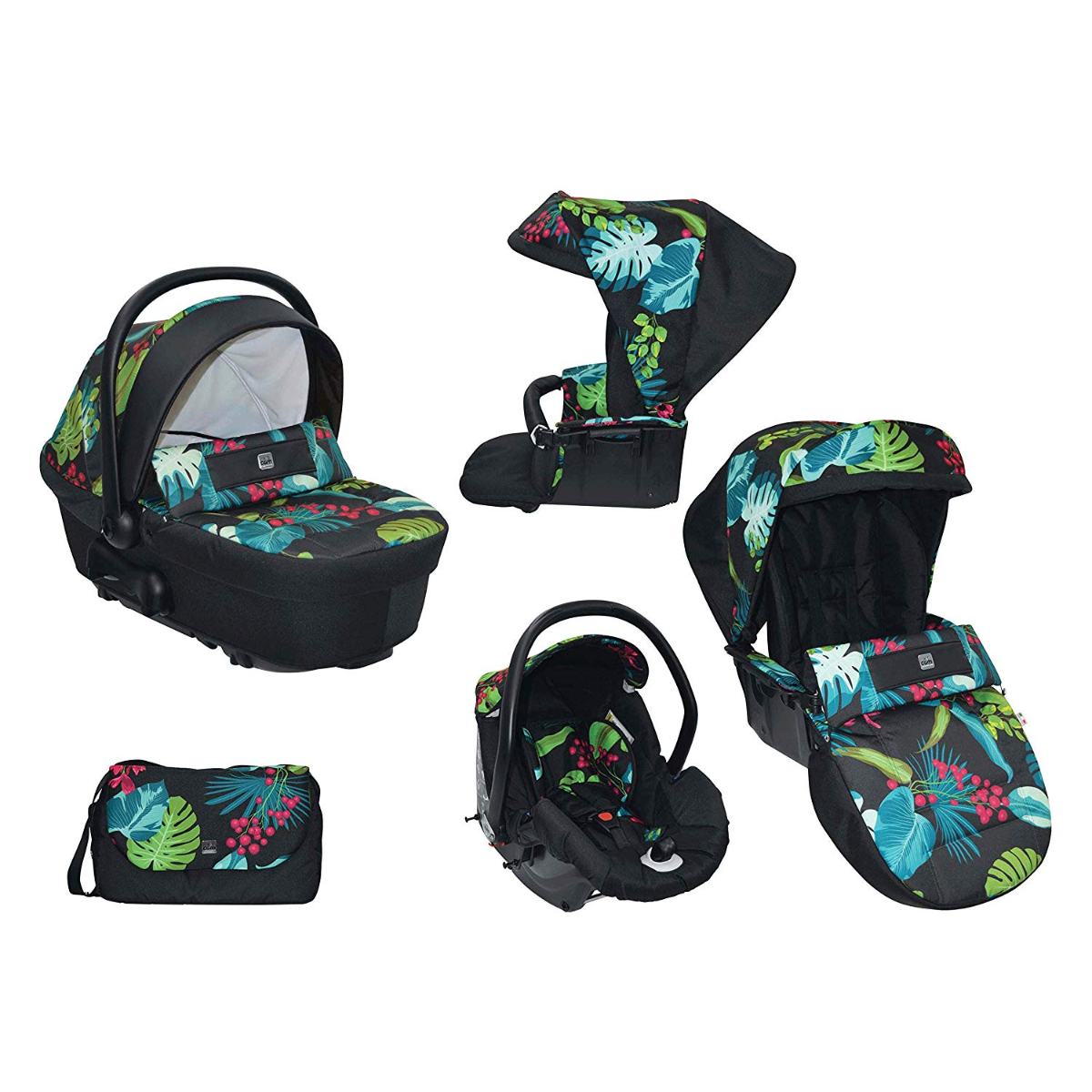 Cam - Mod. Smart & Telaio Dinamico Up - Black Leaves - from 0 to 4 years old (22 kg.),  Spacious and deeper carrycot, Rocking function, Aluminium frame, Portable and compact folding, made in Italy. 