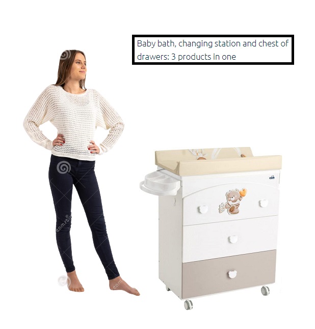 CAM - Baby changing station with Cabinet - Beige - Baby bath, made in italy, changing station with drawers, 3 products in one, diaper changing table, With wheels, Wood changing cabinet