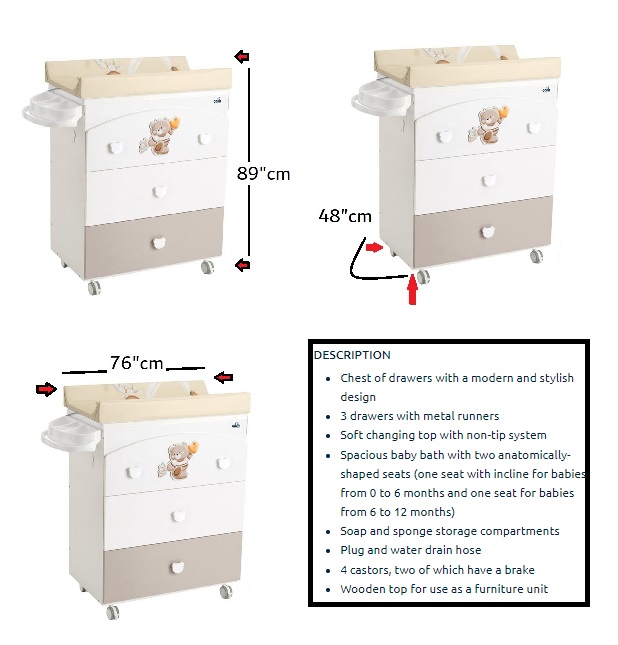 CAM - Baby changing station with Cabinet - Beige - Baby bath, made in italy, changing station with drawers, 3 products in one, diaper changing table, With wheels, Wood changing cabinet