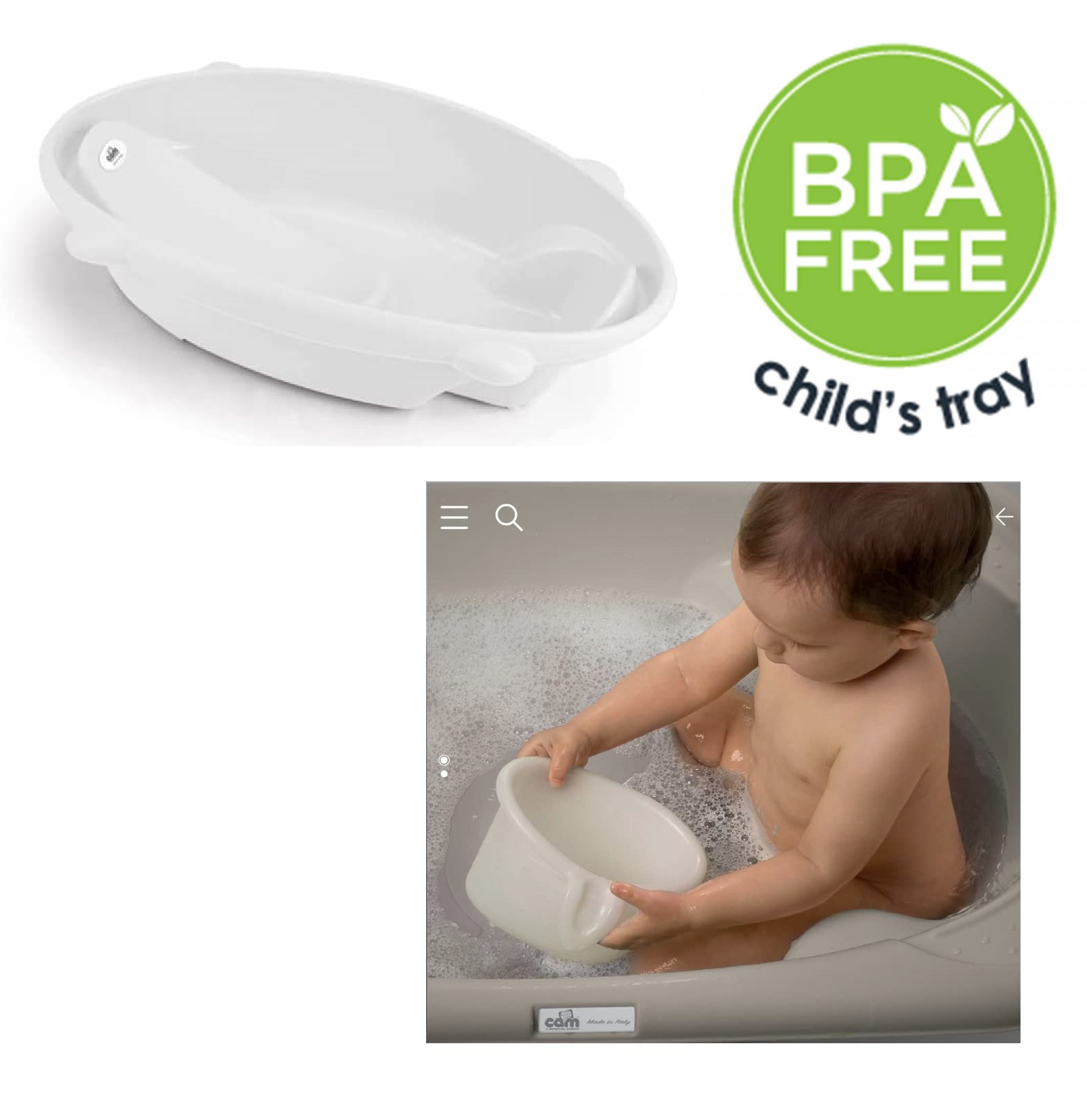 Cam Bollicina Baby Bath Tub - White, 1 PC - from 0 to 12 months, Support Feet and Plug to drain the water, Newborn bath tub for baby, portable baby bathtub, made in italy