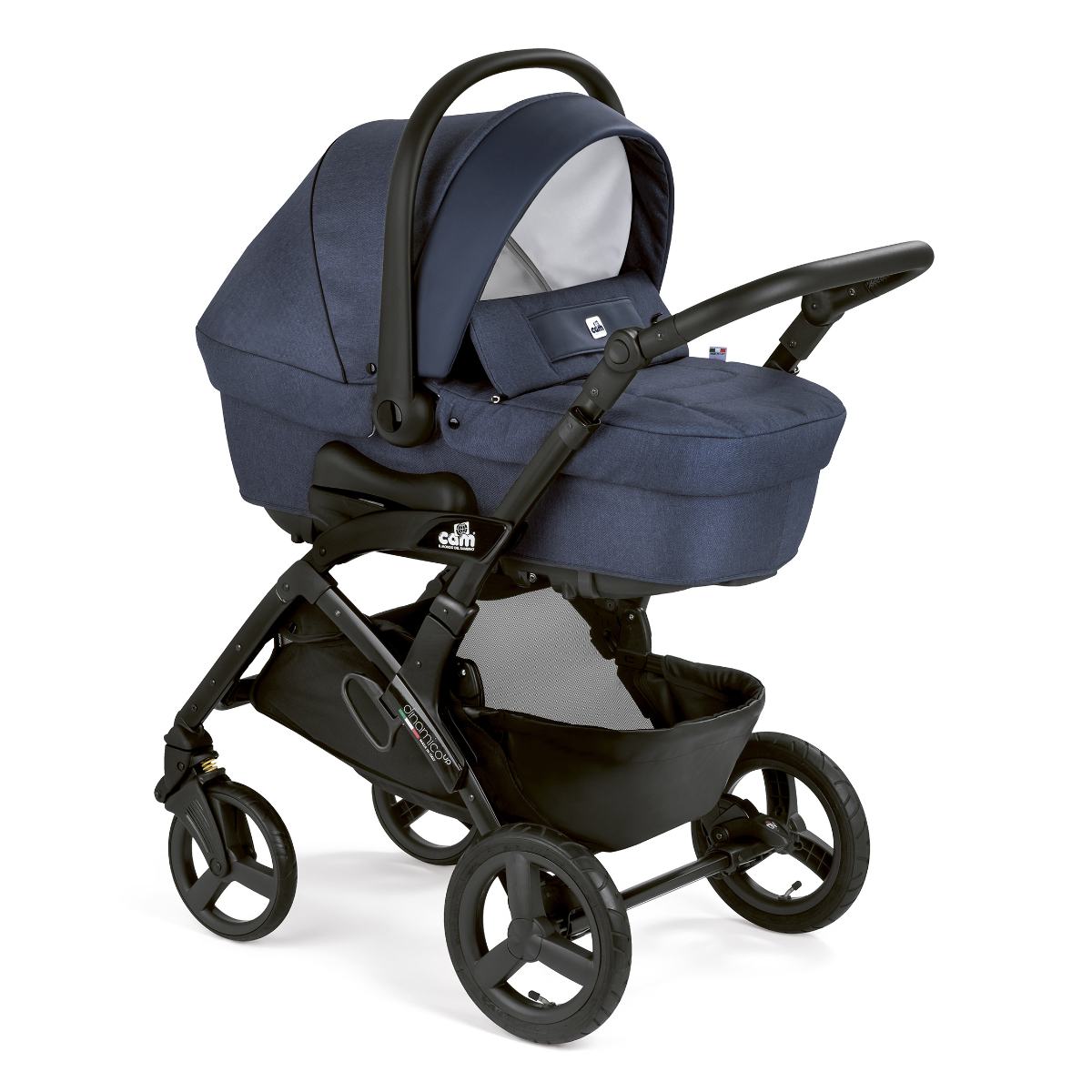 Cam Dinamico Up Frame + Modular Smart  Travel System - Navy Blue, from 0 to 4 years old (22 kg.),  Spacious and deeper carrycot, Aluminium frame, Portable and compact folding, made in Italy. 